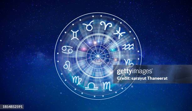 zodiac signs inside of horoscope circle. astrology in the sky with many stars and moons  astrology and horoscopes concept - astronomy map stock pictures, royalty-free photos & images