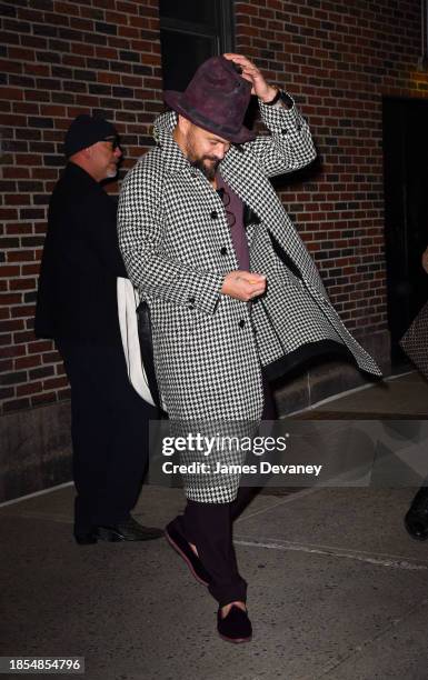 Jason Momoa leaves 'The Late Show With Stephen Colbert' at the Ed Sullivan Theater on December 13, 2023 in New York City.