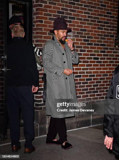 Jason Momoa leaves 'The Late Show With Stephen Colbert' at the Ed Sullivan Theater on December 13, 2023 in New York City.