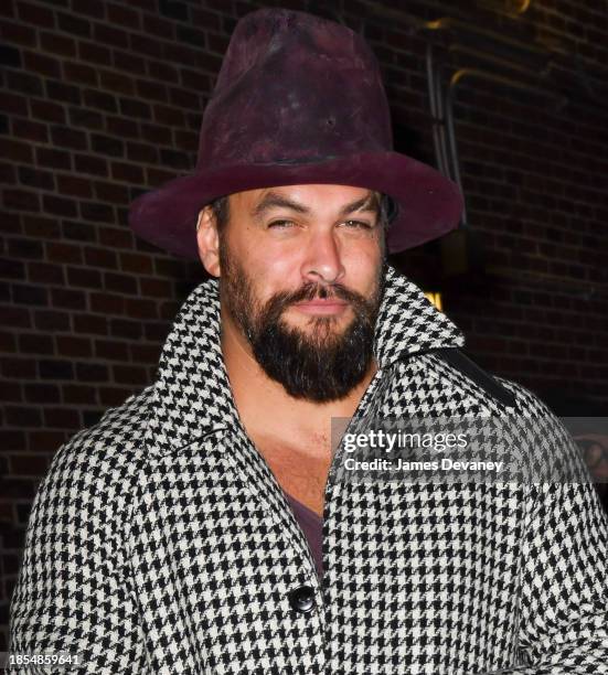 Jason Momoa leaves 'The Late Show With Stephen Colbert' at the Ed Sullivan Theater on December 13, 2023 in New York City.