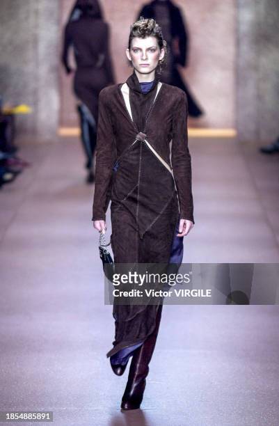 Luca Gadjus walks the runway during the Fendi Ready to Wear Fall/Winter 2002-2003 fashion show as part of the Milan Fashion Week on March 3, 2002 in...