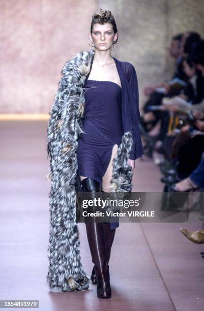 Luca Gadjus walks the runway during the Fendi Ready to Wear Fall/Winter 2002-2003 fashion show as part of the Milan Fashion Week on March 3, 2002 in...