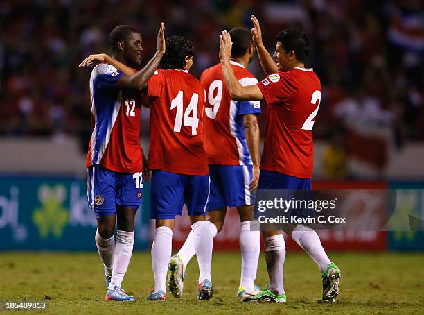 Joel Campbell, Randall Brenes, Alvaro Saborio and Johnny Acosta against the United States during the FIFA 2014 World Cup Qualifier at Estadio...