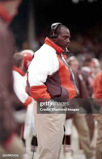 Assistant to the head coach/offense/pro personnel Ozzie Newsome of the Cleveland Browns looks on during the first half against the Denver Broncos at...