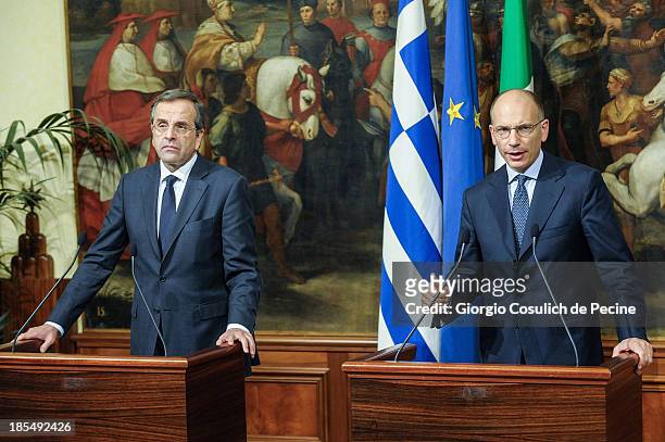 Greek Prime Minister Antonis Samaras and Italian Prime Minister Enrico Letta, attend a press conference, after an official meeting at Palazzo Chigi...