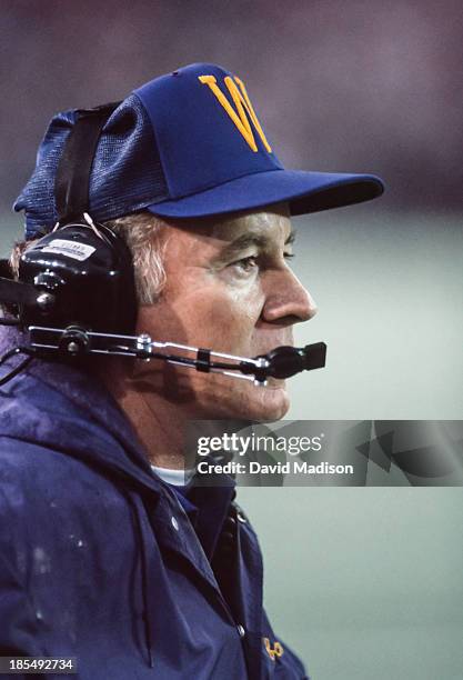 Don James, Head Coach of the University of Washington Huskies looks on from the sidelines during a PAC-10 NCAA football game against the California...