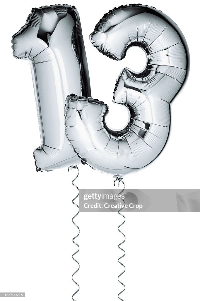 Silver balloons in the shape of a number 13