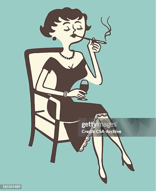 woman smoking and drinking - cigarette holder stock illustrations