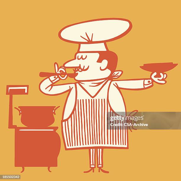 illustrazioni stock, clip art, cartoni animati e icone di tendenza di zuppa di degustazione dello chef - cappello da cuoco