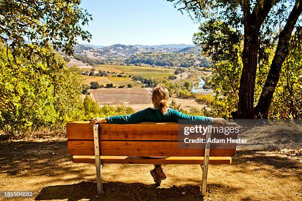 a young women sitting on a bench at a overlook. - sonoma fotografías e imágenes de stock