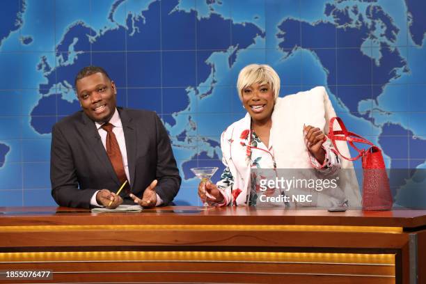 Kate McKinnon, Billie Eilish" Episode 1852 -- Pictured: Anchor Michael Che and Ego Nwodim as Rich Auntie with No Kids during Weekend Update on...