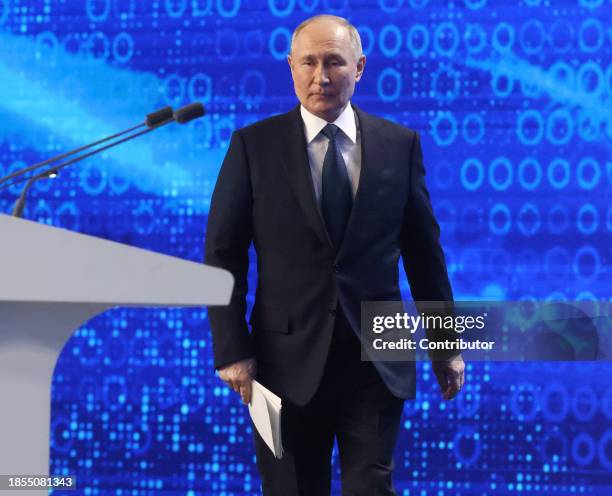 Russian President Vladimir Putin enters the hall during the 21th Congress of the United Russia Party, on December 17, 2023 in Moscow, Russia....