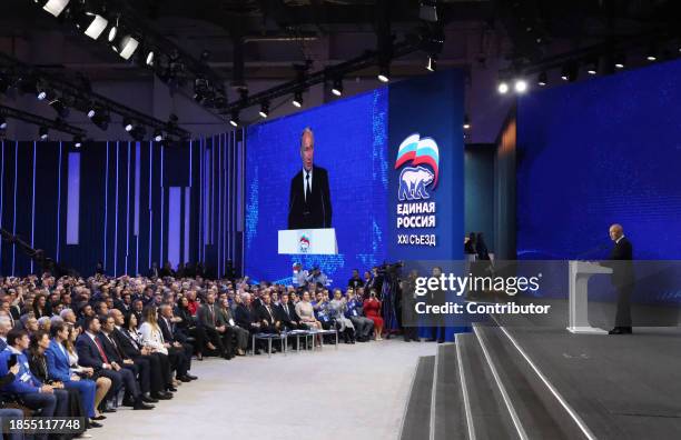 Russian President Vladimir Putin talks during the 21th Congress of the United Russia Party, on December 17, 2023 in Moscow, Russia. Delegates of the...