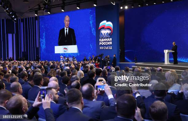 Russian President Vladimir Putin talks during the 21th Congress of the United Russia Party, on December 17, 2023 in Moscow, Russia. Delegates of the...