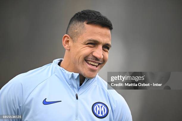 Alexis Sanchez of FC Internazionale in action during the FC Internazionale training session at the club's training ground Suning Training Center at...