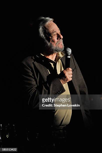Composer Stephen Sondheim speaks at the Great Writers Thank Their Lucky Stars annual gala hosted by The Dramatists Guild Fund on October 21, 2013 in...