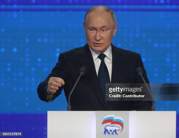 Russian President Vladimir Putin talks during the 21th Congress of the United Russia Party, on December 17, 2023 in Moscow, Russia. Delegates of the...