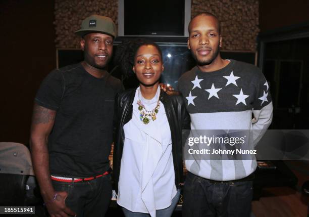 Talib Kweli, Res and Cory Mo attend the Cory Mo "Take It Or Leave It" album listening party at Brewery Recording Studios on October 21, 2013 in New...