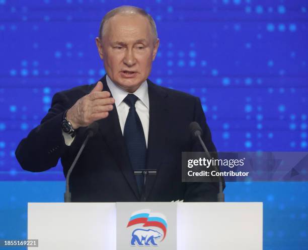 Russian President Vladimir Putin talks during the 21th Congress of the United Russia Party, on December 17, 2023 in Moscow, Russia. Delegates of the...