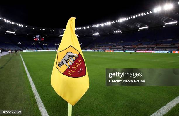 Detailed view of the AS Roma corner flag prior to the UEFA Europa League 2023/24 match between AS Roma and FC Sheriff Tiraspol at Stadio Olimpico on...