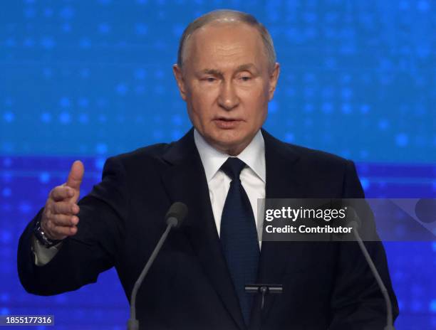 Russian President Vladimir Putin talks during the 21th Congress of the United Russia Party, on December 17, 2023 in Moscow, Russia. Delegates of the...