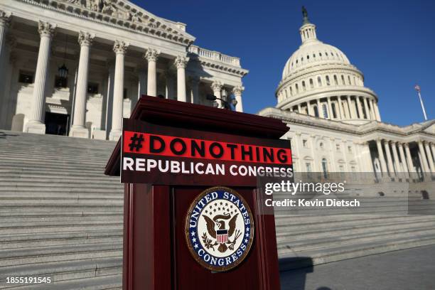 The podium is seen before the House Democrats hold a press conference outside the U.S. Capitol on December 14, 2023 in Washington, DC. The House...
