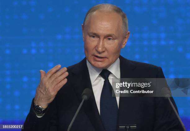 Russian President Vladimir Putin talks during the 21th Congress of the United Russia Party, on December 17, 2023 in Moscow, Russia. Delegates of the...