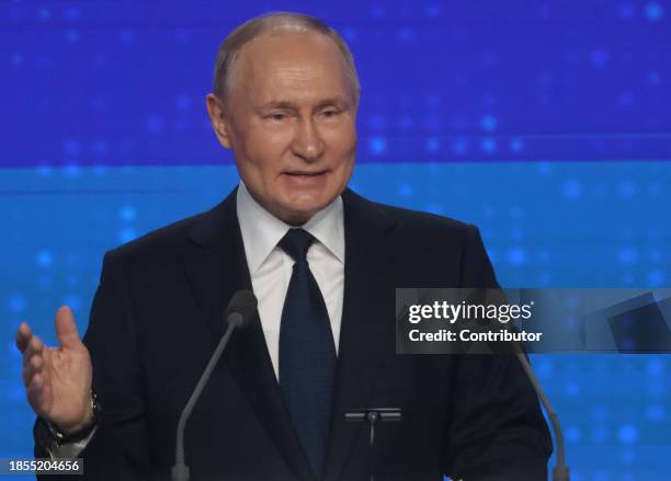 Russian President Vladimir Putin talks during the 21th Congress of the United Russia Party, on December 17, 2023 in Moscow, Russia. Delegates of the...