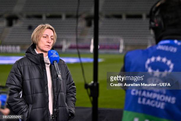 Sandrine Soubeyrand, Head Coach of Paris FC, speaks to the media prior to the UEFA Women's Champions League group stage match between Paris FC and...