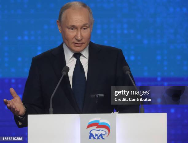 Russian President Vladimir Putin talks during the 21th Congress of the United Russia Party, on December 17, 2023 in Moscow, Russia. Delegates of the...