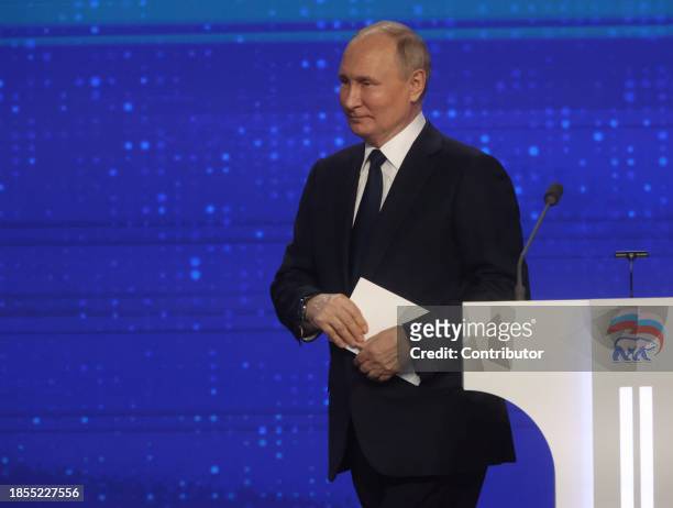 Russian President Vladimir Putin attends the 21th Congress of the United Russia Party, on December 17, 2023 in Moscow, Russia. Delegates of the...