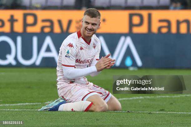 Lucas Beltrán of ACF Fiorentina reacts during the Serie A TIM match between ACF Fiorentina and Hellas Verona FC at Stadio Artemio Franchi on December...