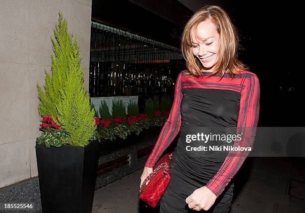 Tara Palmer-Tomkinson is sighted leaving the Westbury Hotel, Mayfair on October 21, 2013 in London, England.