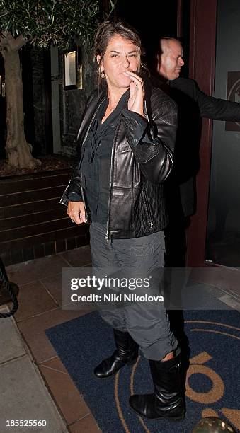 Tracey Emin is sighted leaving the Westbury Hotel, Mayfair on October 21, 2013 in London, England.