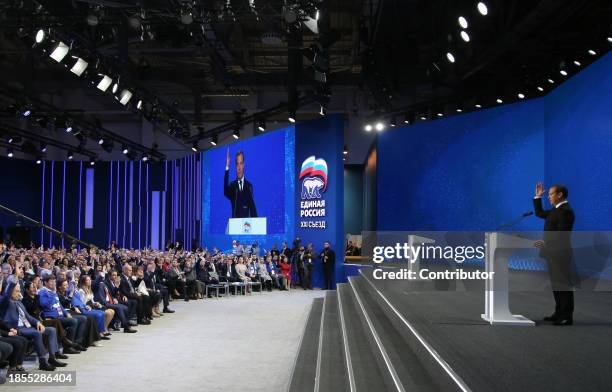 Russian State Council's Deputy Chairman Dmitry Medvedev votes during the 21th Congress of the United Russia Party, on December 17, 2023 in Moscow,...