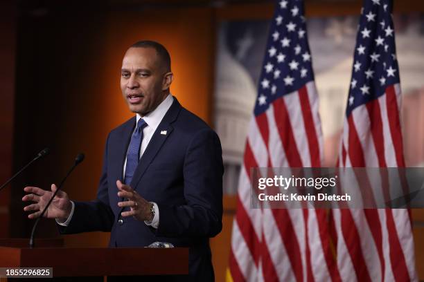 House Minority Leader Hakeem Jeffries holds a press conference at the U.S. Capitol on December 14, 2023 in Washington, DC. Jeffries spoke on the...