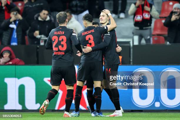 Patrik Schick of Bayer Leverkusen celebrates with teammates after scoring their team's first goal during the UEFA Europa League match between Bayer...