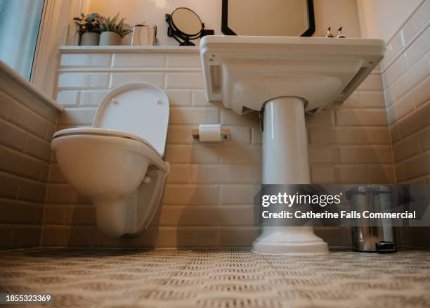 low angle view of a sink and a toilet in a modern bathroom - abfluss stock-fotos und bilder