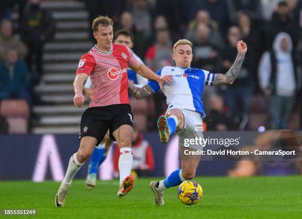 Blackburn Rovers' Adam Wharton battles with Southampton's Kyle Walker-Peters during the Sky Bet Championship match between Southampton FC and...