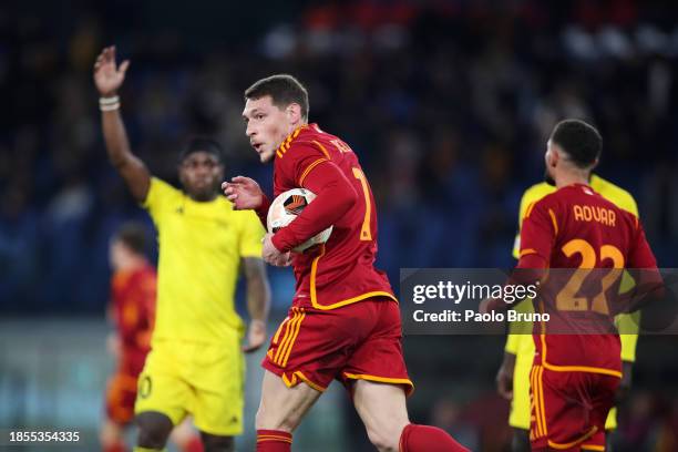 Andrea Belotti of AS Roma celebrates after scoring their team's second goal during the UEFA Europa League 2023/24 match between AS Roma and FC...