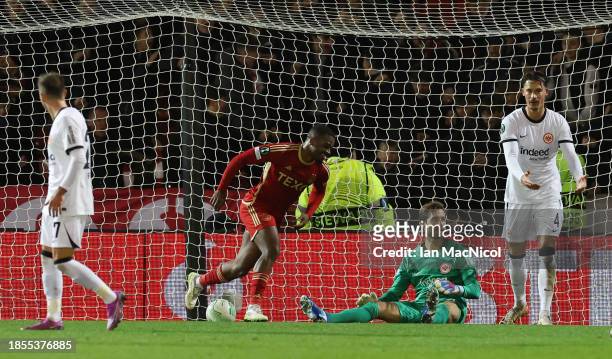 Luis Lopes of Aberdeen celebrates after scoring their team's first goal during the UEFA Europa Conference League 2023/24 match between Aberdeen FC...