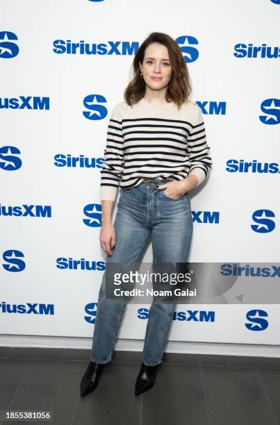 Claire Foy visits SiriusXM Studios on December 14, 2023 in New York City.