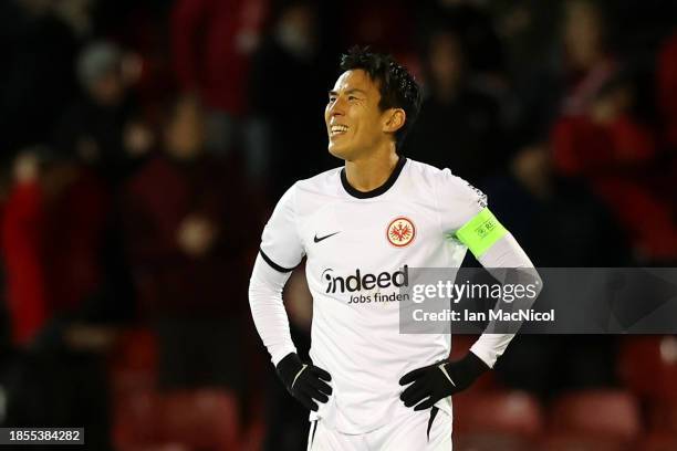 Makoto Hasebe of Eintracht Frankfurt reacts as Luis Lopes of Aberdeen scores their team's first goal during the UEFA Europa Conference League 2023/24...