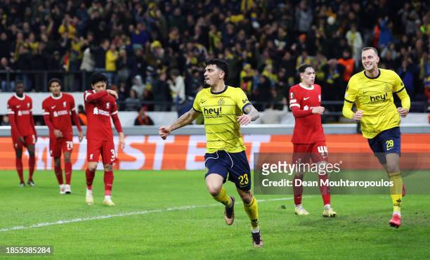 Cameron Puertas of Union Saint-Gilloise celebrates after scoring their team's second goal during the UEFA Europa League 2023/24 match between R....