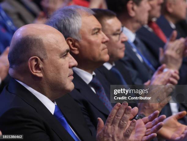 Russian Prime Minister Mikhail Mishustin , State Duma Speaker Vyacheslav Volodin applaud during the 21th Congress of the United Russia Party on...