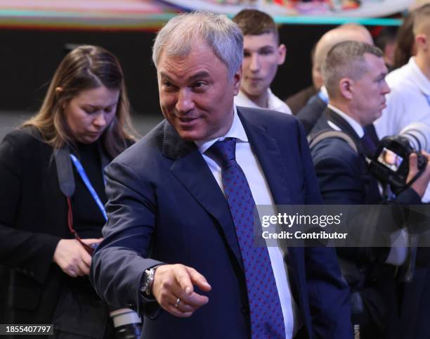 Russian State Duma Speaker Vyacheslav Volodin gestures during the 21th Congress of the United Russia Party on December 17 in Moscow, Russia....