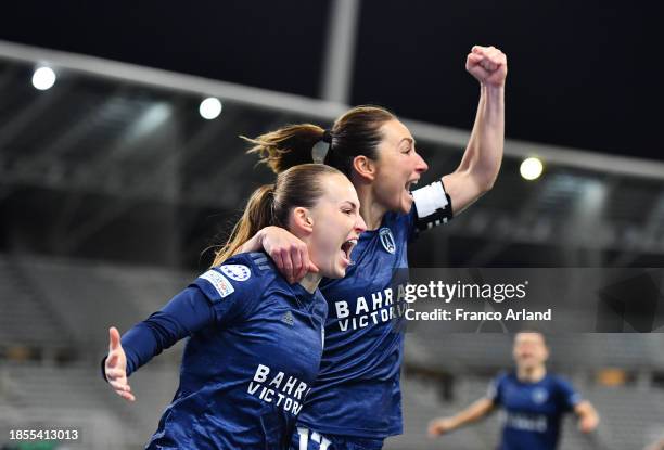 Julie Dufour of Paris FC celebrates with Gaetane Thiney of Paris FC after scoring their team's first goal during the UEFA Women's Champions League...