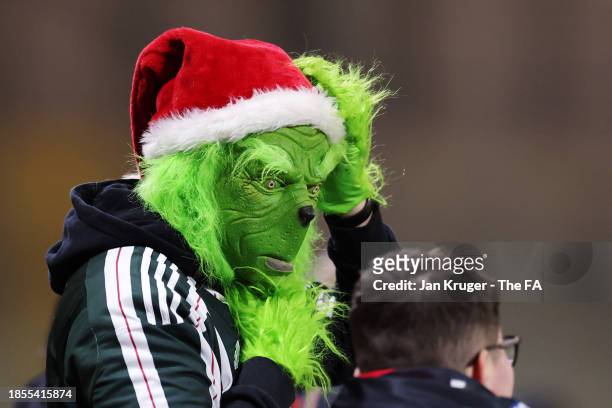 Fan of Manchester United, wearing The Grinch fancy dress, looks on prior to the FA Women's Continental Tyres League Cup match between Manchester...