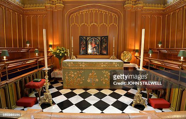 General view of the interior of the Chapel Royal at St James's Palace in central London on October 17 where Prince George of Cambridge will be...