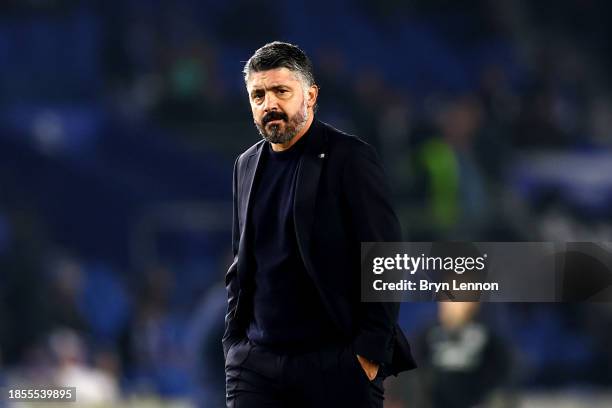 Gennaro Gattuso, Head Coach of Marseille, looks on prior to the UEFA Europa League match between Brighton & Hove Albion v Olympique de Marseille at...